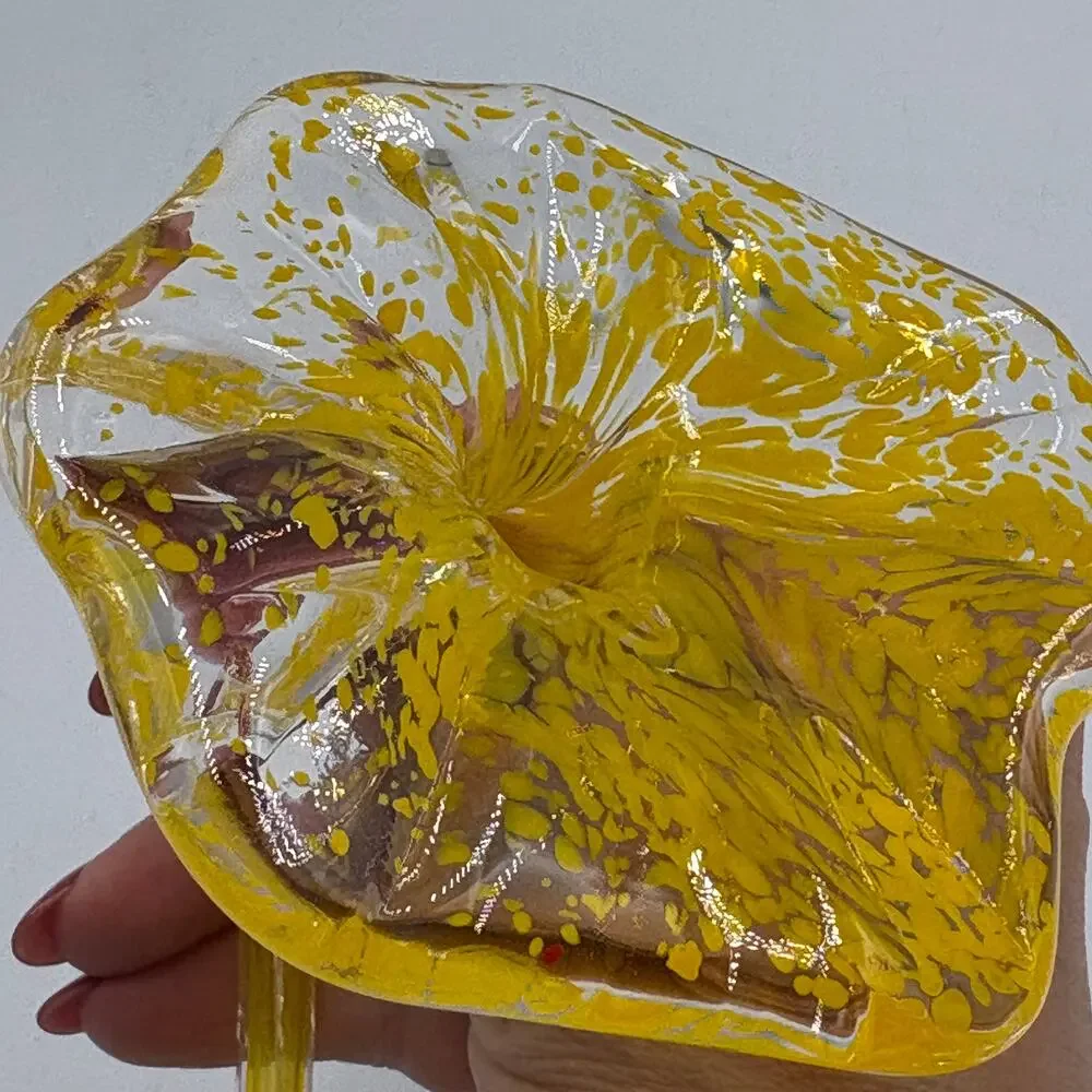 Vibrant Yellow Speckled Hand Blown Art Glass Flower Open Base Bud